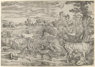 牛乳を注ぐ女が右に、少年が左にいる風景。 1535-40 年頃。 1535-40。 作： Nicolò Boldrini