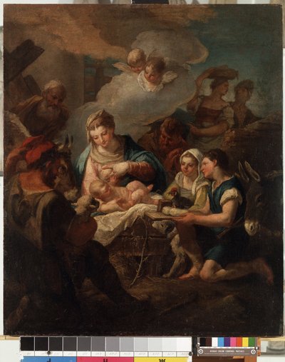 ニコラ・グラッシ（1682-1748）による「「幼子キリストの崇拝」」（1682-1748）の絵画、18世紀のミカロユス・コンスタンティナス・クルリオニス美術館、カウナス、リトアニア 作： Nicolò Grassi