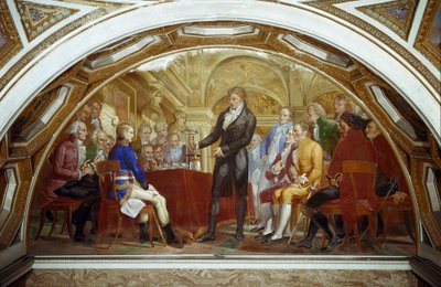 アレッサンドロ（アレクサンドル）・ボルタ（1745-1827）は、1801年にフランス国立研究所でナポレオン・ボナパルト（1769-1821）総領事に、電気電池の発明を可能にした実験結果を発表した。 フランスの科学者による「ナポレオンの肖像 作： Nicola Cianfanelli