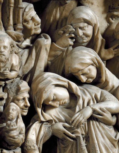ゴシック美術。"The Crucifixion" Nicola Pisano (1215/20-1278/84) による大理石の説教壇のレリーフ（説教壇からのディテール） 1266-1268 - Cathedrale Notre-Dame-de-l