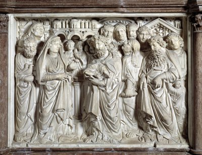 寺院へのイエスの提示（Presentation of Jesus to the Temple） ニコラ・ピサーノ（1215/20-1278/84）が実現した椅子（大理石の説教壇） 1260 Baptistere Saint John of Pisa (Battistero san Giovanni di Pisa), イタリア 作： Nicola Pisano