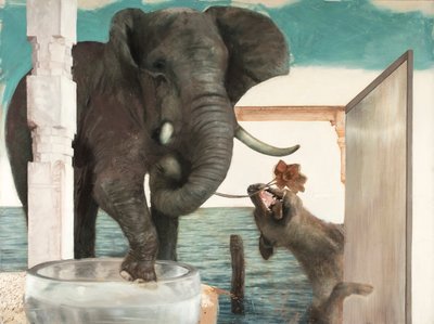 犬を連れた象、2011年（キャンバスに油彩） 作： Nicola Pucci