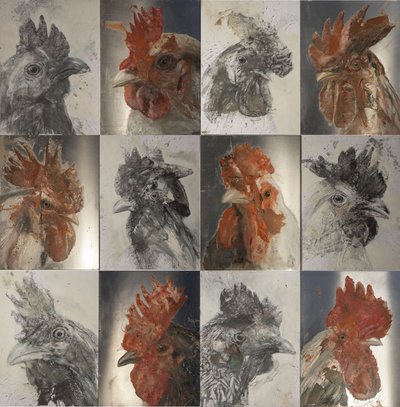 焼き鳥、2019年（油彩、アルミニウム、黒鉛、紙） 作： Nicola Pucci