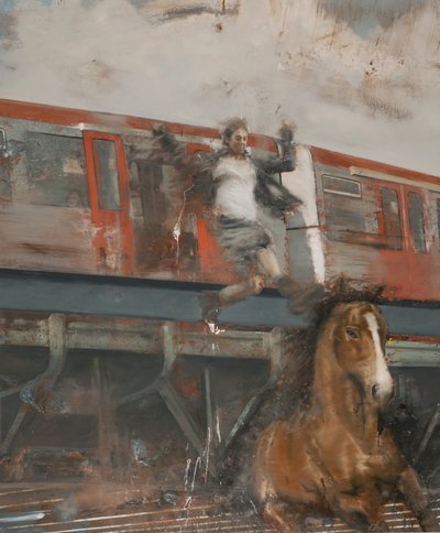 電車から飛び降りる、2017年（キャンバスに油彩） 作： Nicola Pucci