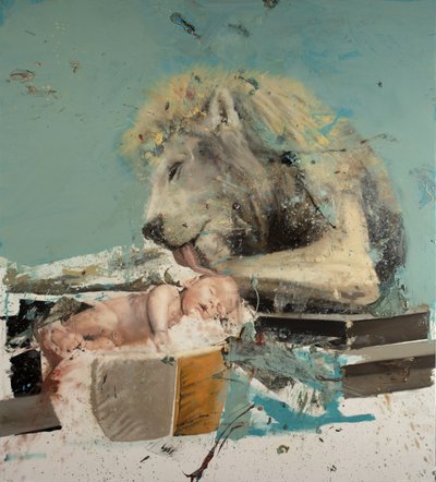 ライオンと子供II、2022年（キャンバスに油彩） 作： Nicola Pucci