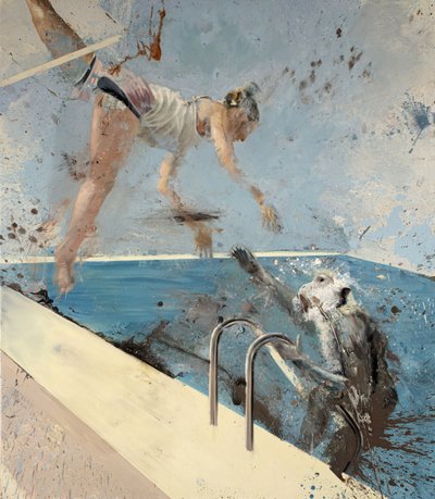 空中ブランコをする猿、2021年（キャンバスに油彩） 作： Nicola Pucci