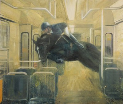 路面電車のジャンプ、2015年（キャンバスに油彩） 作： Nicola Pucci