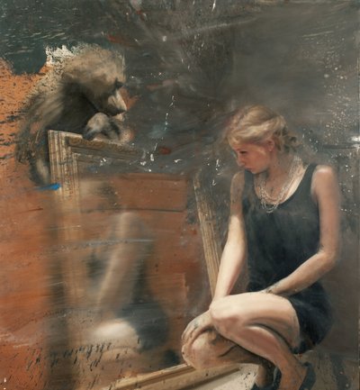 鏡の中の女性とヒヒ 2019年（キャンバスに油彩） 作： Nicola Pucci