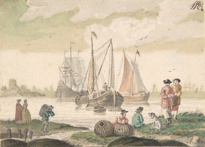 7 人の人物と犬のいる海の風景、1733 年から 1793 年。 作： Nicolaas Aartman