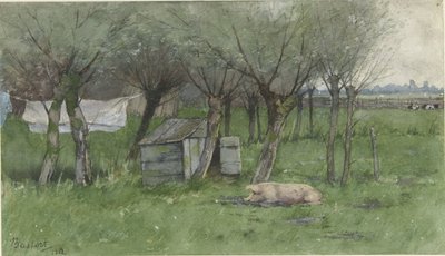 横になっている豚と農場 作： Nicolaas Bastert