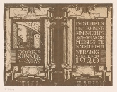 表紙デザイン: 1920 年頃のアムステルダムの Dagteeken-en Kunstambachtschool for Girls のレポート 作： Nicolaas van de Vecht