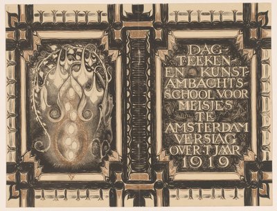 表紙のデザイン: 1919 年頃のアムステルダムの Dagteeken-en Kunstambachtschool for Girls のレポート 作： Nicolaas van de Vecht