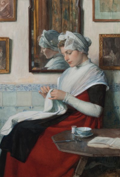 アムステルダムの孤児の少女の裁縫、1890年頃（トイレは段ボールに置かれた） 作： Nicolaas van der Waay