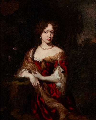 赤いドレスを着た女性の 4 分の 3 の長さの肖像画 (キャンバスに油彩) 作： Nicolaes (follower of) Maes