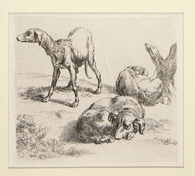 さまざまな動物のセットからの 2 枚のエッチング、木の下の男、いわゆる男 作： Nicolaes Berchem