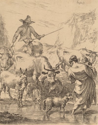 小川を渡る群れ。 作： Nicolaes Berchem