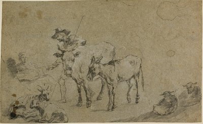 牛、ロバ、羊を連れた牧夫 作： Nicolaes Berchem