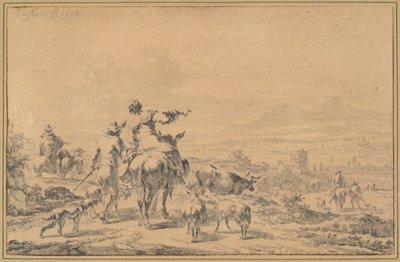 イタリアの風景の中の牧夫 作： Nicolaes Berchem
