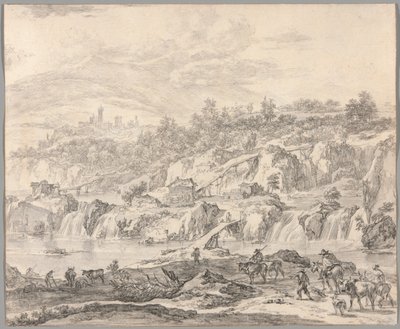 滝と橋のある風景、前景に農民 作： Nicolaes Berchem
