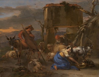 ヤギの乳搾りをしている羊飼いの牧歌的なシーン、166570。 作： Nicolaes Berchem