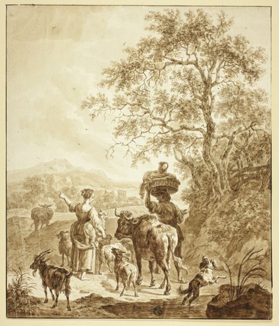 イタリア風の風景の中の群れを持つ羊飼いと農民 作： Nicolaes Berchem