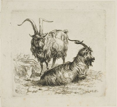 さまざまな動物からの大きな角を持つ 2 頭のヤギ 作： Nicolaes Berchem