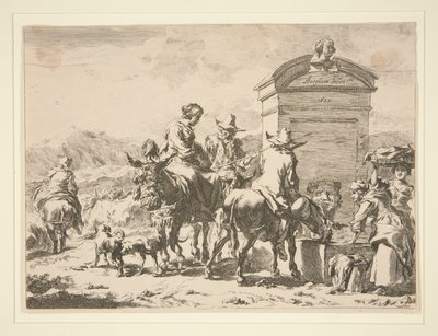 無題 - ロバと墓石に乗った人々のジャンル シーン 作： Nicolaes Berchem