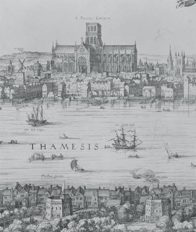 ロンドンとテムズのパノラマ、セントポール大聖堂とグローブ座を示すパート2の詳細、c.1600の7214の彫刻の詳細 作： Nicolaes Jansz Visscher