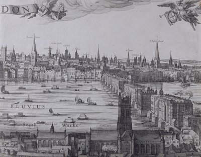 ロンドンとテムズ川のパノラマ、パート3、サザーク、ロンドンブリッジ、市内の教会、1600年頃（7214、64730および64732も参照） 作： Nicolaes Jansz Visscher