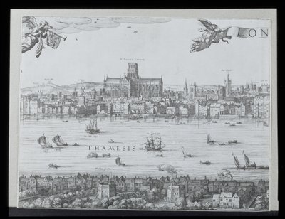 ロンドンとテムズ川のパノラマ、第2部、セントポール大聖堂とグローブ座、c。 1600（64730-32も参照）（詳細は92085を参照） 作： Nicolaes Jansz Visscher