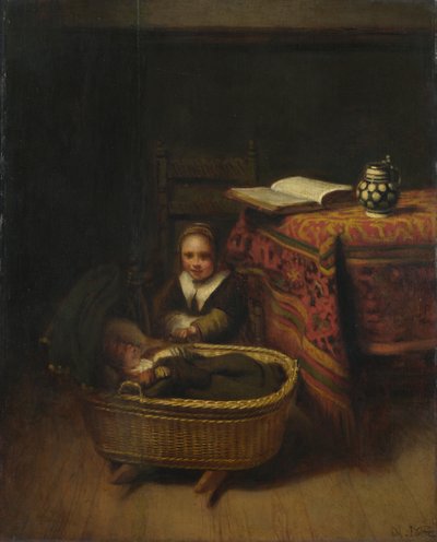 揺りかごを揺する少女c。 1655 作： Nicolaes Maes