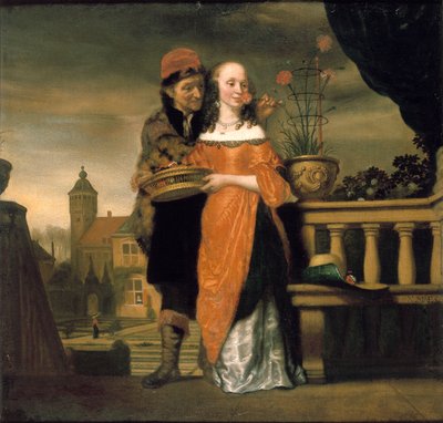 女性の鼻にカーネーションを持っている男性：嗅覚のアレゴリー、1660年以前 作： Nicolaes Maes