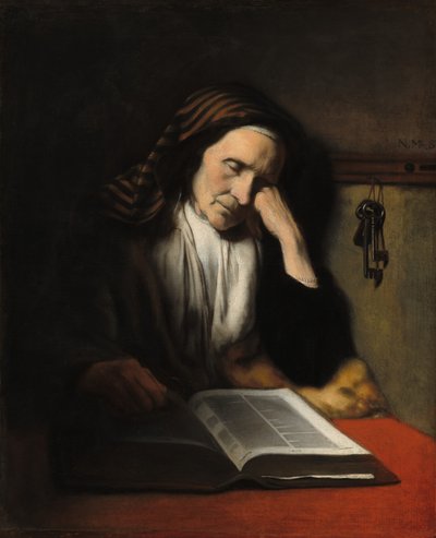 本の上で居眠りしている老婆、c。 1655年。 作： Nicolaes Maes