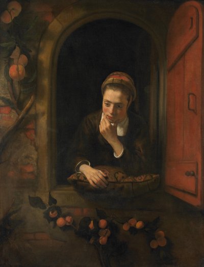 フランス語：  La rêveuse 「空想家」として知られる窓辺の少女 作： Nicolaes Maes