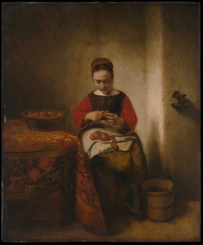 リンゴの皮をむく若い女性 作： Nicolaes Maes