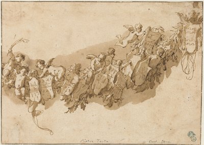 天使に囲まれた紋章の花輪 作： Nicolaes Pietersz Berchem (possibly)