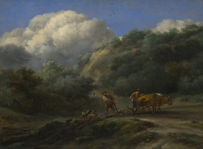 Oxenで耕す男と若者c。 1650 作： Nicolaes Pietersz. Berchem