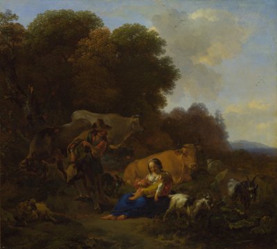 女性と子供にハーディガーディをかける農民、1658年 作： Nicolaes Pietersz. Berchem
