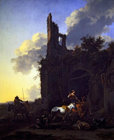 宿屋の外に農民がいるイタリア風の風景 作： Nicolaes Pietersz. Berchem