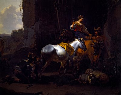 宿屋の外に農民がいるイタリア風の風景 作： Nicolaes Pietersz. Berchem