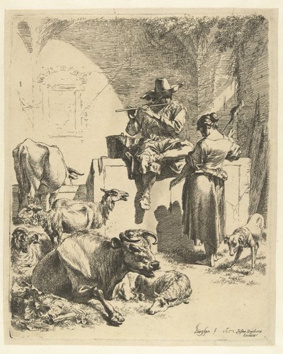 フルートとスピナーを演奏する羊飼い 作： Nicolaes Pietersz Berchem