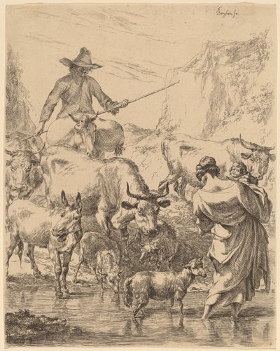 小川を渡る群れ 作： Nicolaes Pietersz Berchem