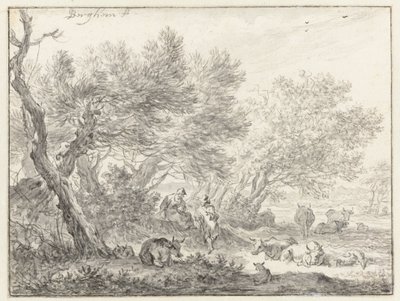 木の群れの近くの羊飼いと牛 作： Nicolaes Pietersz Berchem