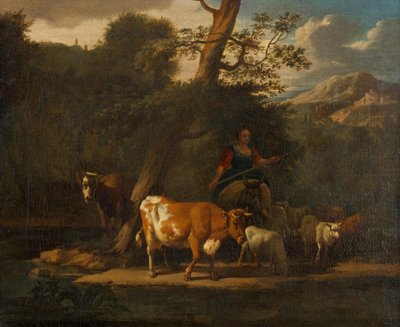 木の下で牛と羊飼いの女 作： Nicolaes Pietersz. Berchem