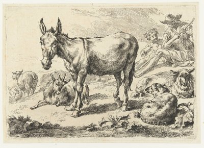 ロバ、羊、ヤギ、羊飼いのいる風景 動物（シリーズタイトル） 作： Nicolaes Pietersz Berchem