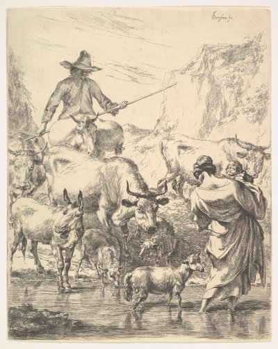 ストリームを横断する群れ。 作： Nicolaes Pietersz. Berchem