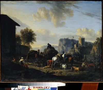 """the rest of the convoy"" (船団の残り) 道端に立ち寄るトラベリング・シェパードの一団。 Nicolaes (Claes) Pietersz Berchem the Elder (1620-1683) の絵画 17 世紀 国立野外博物館 パレス ガッチナ、サンクトペテルブルク 作： Nicolaes Pietersz. Berchem