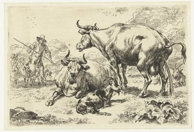 横たわって放尿する牛 動物（シリーズタイトル） 作： Nicolaes Pietersz Berchem