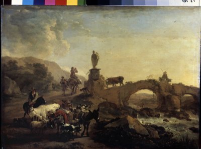 「小さな橋のあるイタリアの風景」 ニコラエス (クラエス) 作 ピーテルス ベルヘム エルダー (1620-1683) 1656 寸法 44.5x61 cm エルミタージュ美術館、サンクトペテルブルク 作： Nicolaes Pietersz. Berchem