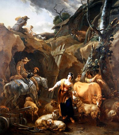 鉱山の外の岩場に住む農民たち 作： Nicolaes Pietersz. Berchem